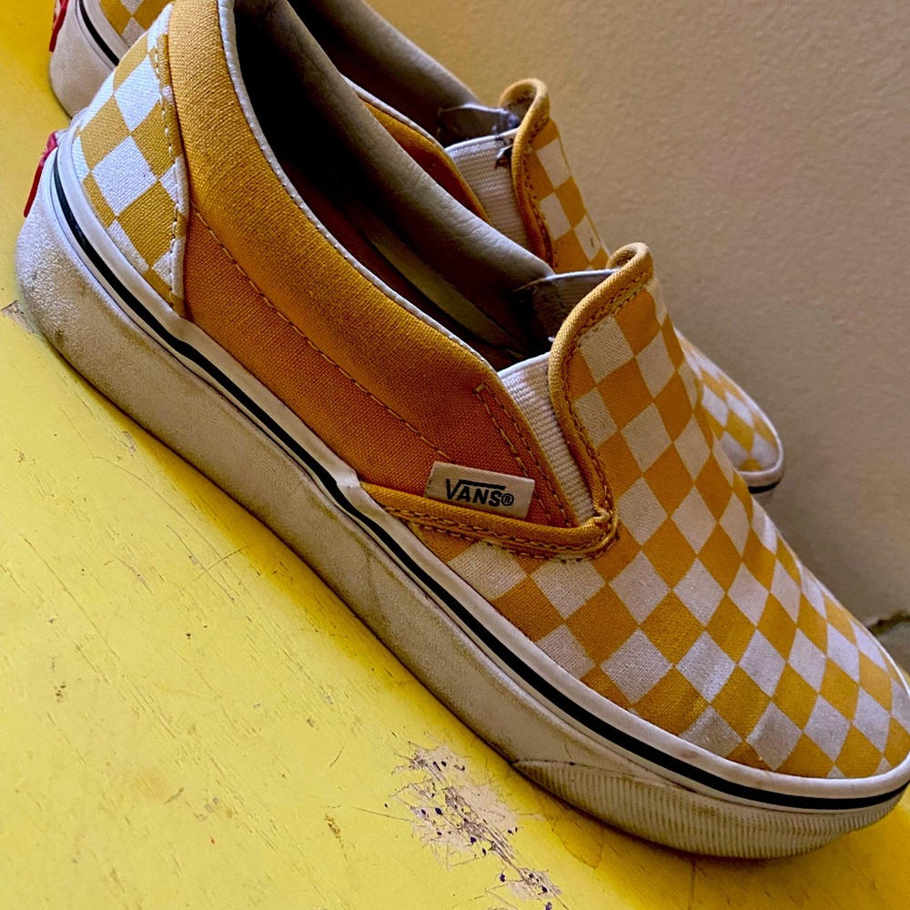 Yellow Checkered Vans slip ons